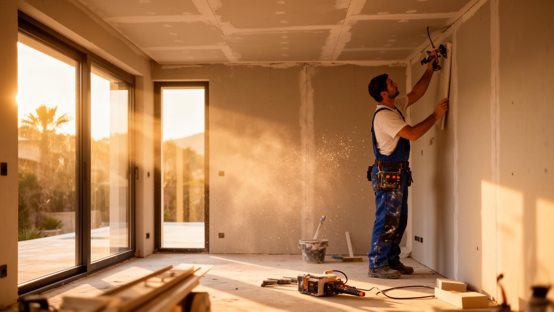 Instalador profesional trabajando con pladur en una vivienda de Valencia